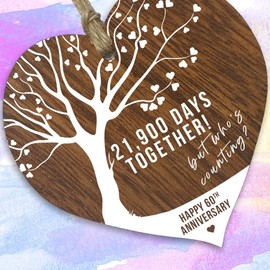 60th Wedding Anniversary Wooden Heart Plaque, Dark Wood Sign Keepsake, Celebrate Diamond Anniversary Wife Husband Boyfreind Girlfriend Mum or Dad, Plaque with Quotes Gifts from the Kids