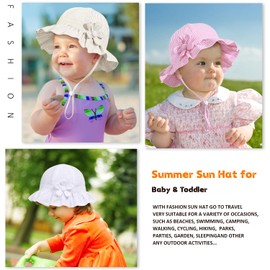 Baby Girl Wide Brim Bucket Hats with UPF 50+ Outdoor Adjustable Beach Hat with Sun Hat(6-12 Months,White Petal & Pink Petal)