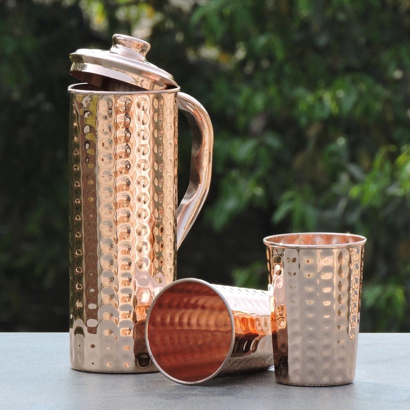 Pure Copper Hammered Jug 1 Litre Capacity with 2 Cups