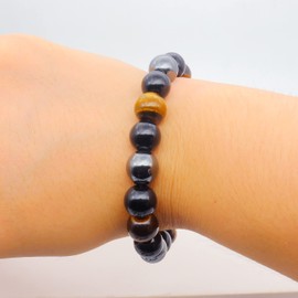10mm Mens Beaded Bracelets, Initial Letter Triple Protection Bracelets for Women, Natural Tiger Eye Black Obsidian Hematite Beads Elastic Bracelets (L, Obsidian + tiger's eye + hematite)