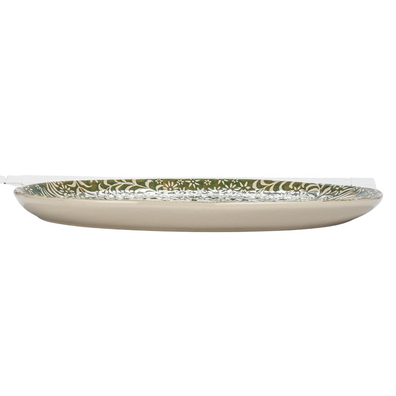 Creative Co-Op Stoneware Platter with Wax Relief Botanicals, Green