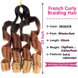Unionbeauty 8 PCS French Curly Braiding Hair 22 Inch Pre Stretched Bouncy Braiding Hair French Curl Crochet Braids Hair Loose Wave Braiding Hair Synthetic Hair Extensions for Black Woman 1B/30/27#