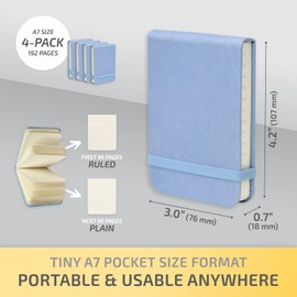 NeatVilla Tiny Notebook 3x4 Small Notepad Pocket Size, A7 Leather Hardcover Mini Notebook, Tear Off Sheet Tiny Notepad with Elastic Band, 4 Pack Mini Pocket Notebook for Nurse Reporter (Sky Blue)