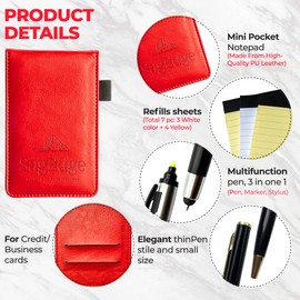 SagEdge PU Leather Mini Pocket Notepad Holder Set in Gift Box, Inside Pocket Notebook with 30 Lined Memo Sheets White, 7 Book Refills (3 White and 4 Yellow), 2 Pens Elegant and Multifunction (Red)