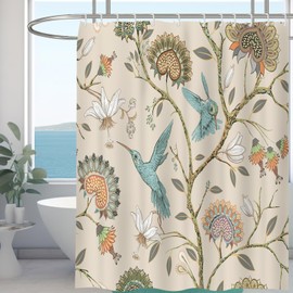 Minicoco Shower Curtain Mould Proof Resistant Wet Room Shower Curtain 100% Polyester Waterproof Bathroom Curtains Floral Shower Curtain Scenery with 12 Hooks, 180 x 180 cm (White Flower Bird)