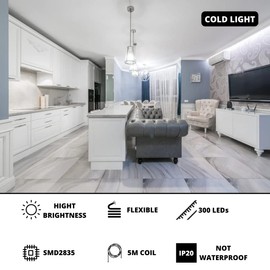 JANDEI - LED Strip 5 Metres, 12 V, Non-Waterproof, 300 LEDs, SMD 2835, Light Strip for Ceiling, Furniture, Room, Showcases (Power Supply Not Included) (Cold Light 6000 K)