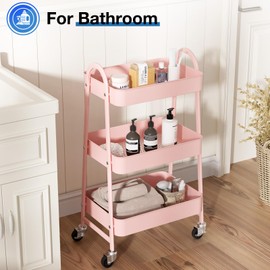 OLIXIS 3 Tier Utility Rolling Cart, Metal Mobile Storage Shelf with Lockable Caster Wheels, Organization for Livingroom, Bathroom, Kitchen, & Narrow Places, Pink