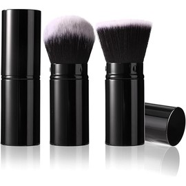 2pcs Travel Face Blush Brush, Retractable Makeup Kabuki Brush Portable Beauty Powder Foundation Sunscreen Cosmetics Brush Black and White Hair (Flat Head + Round head)