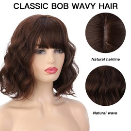 PORSMEER Short Pastel Wavy Bob Dark Brown Wig with Fringe Natural Looking Synthetic Hair Wigs for Women Party Or Daily Wear