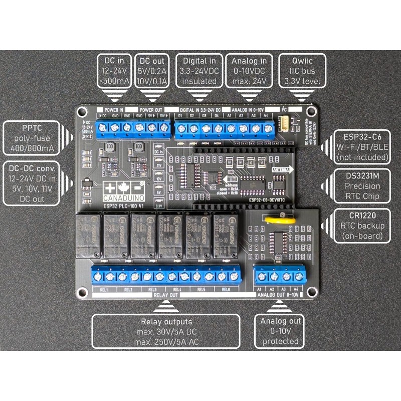 CANADUINO® ESP32 PLC-100 for Espressif ESP32-C6-DevKitC, Compatible with Arduino -
