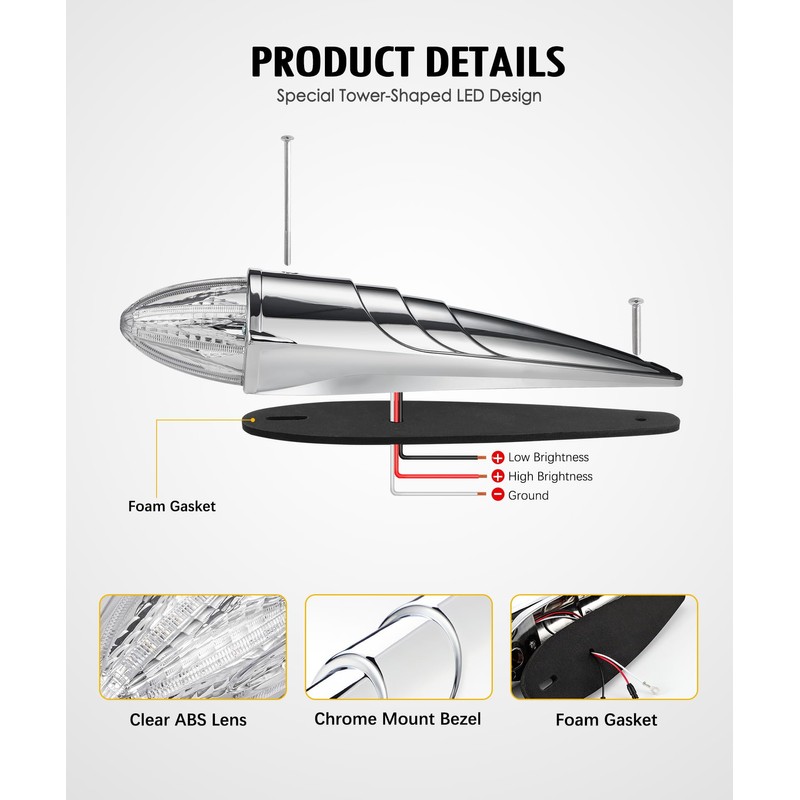 Partsam 5PCS Amber Torpedo Cab Marker Lights, Chrome Roof Running