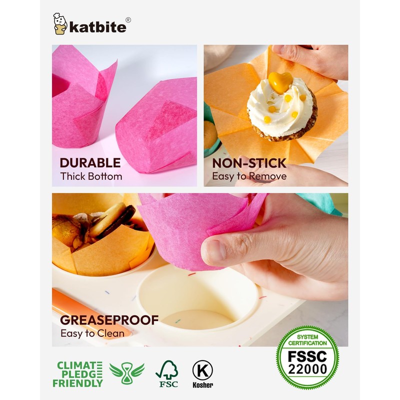 Katbite 200pcs Tulip Cupcake Cases, Standard Muffin Liners, Disposable Baking