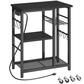 YATINEY Movable Bakers Rack, Microwave Stand with Charging Station, Kitchen Storage Rack with Hooks and Basket, Casters and Adjustable Feet, for Small Space, Kitchen, Dining Room, Black HB04UBB