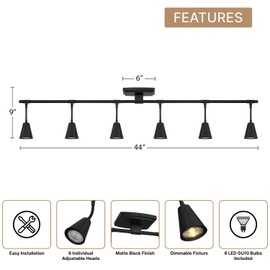 Modern LED 6-Light Track Lighting, Matte Black, 44 Inch, 6 GU10 LED Bulb Included, Directional Lighting, Kitchen Lighting Fixtures Ceiling, Spotlight Fixtures, Wall Lights for Living Room