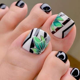 Summer Press on Toenails - 24pcs Short Square Plant Fake Toenails Green Leaf Pattern Full Cover Acrylic Toe Nails Tropical Rain Forest Glossy Artificial False Toenails for Women Manicure Art