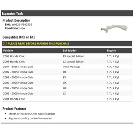 Marketplace Auto Parts Radiator Coolant Overflow Expansion Tank - Compatible with 2001-2005 Honda Civic 1.7L 4-Cylinder