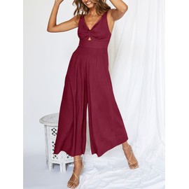 ANRABESS Women's Summer Wide Leg Linen Jumpsuits Dressy V Neck Sleeveless Casual Pants Rompers 2025 Vacation Beach Outfits Fuchsia Medium