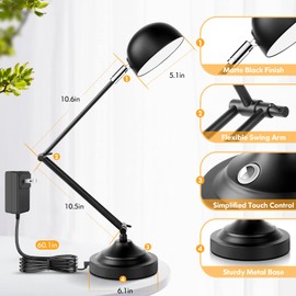 Touch Control LED Desk Lamp with USB Charging Port, Architect Black Metal Lamp with Adjustable Swing Arm, Dimmable Modern Table Lamp for Home Office Reading Study, 3000K/4000K/5000K 3 Color Modes