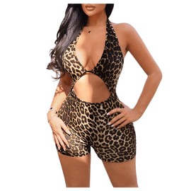 WDIRARA Women's Sexy Romper Leopard Hollow Out Backless Sleeveless Halter Bodycon Short Jumpsuit Brown Small