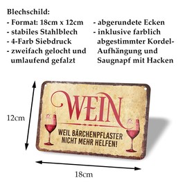 Wine Tin Sign - Vintage Retro Decorative Metal Sign with Cord and Suction Cup - Funny Gift Idea for Wine Lovers - Wine Decor Wine House Wine Cellar Wine Shelf - Side Dish for Gift Set - 18 x 12 cm
