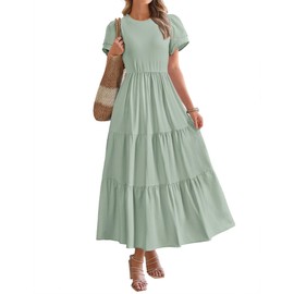 BTFBM Women Casual Summer Dresses 2025 Spring Crewneck Short Sleeve Tiered Flowy Boho Maxi Beach Vacation Dress Pockets(Light Green, Medium)
