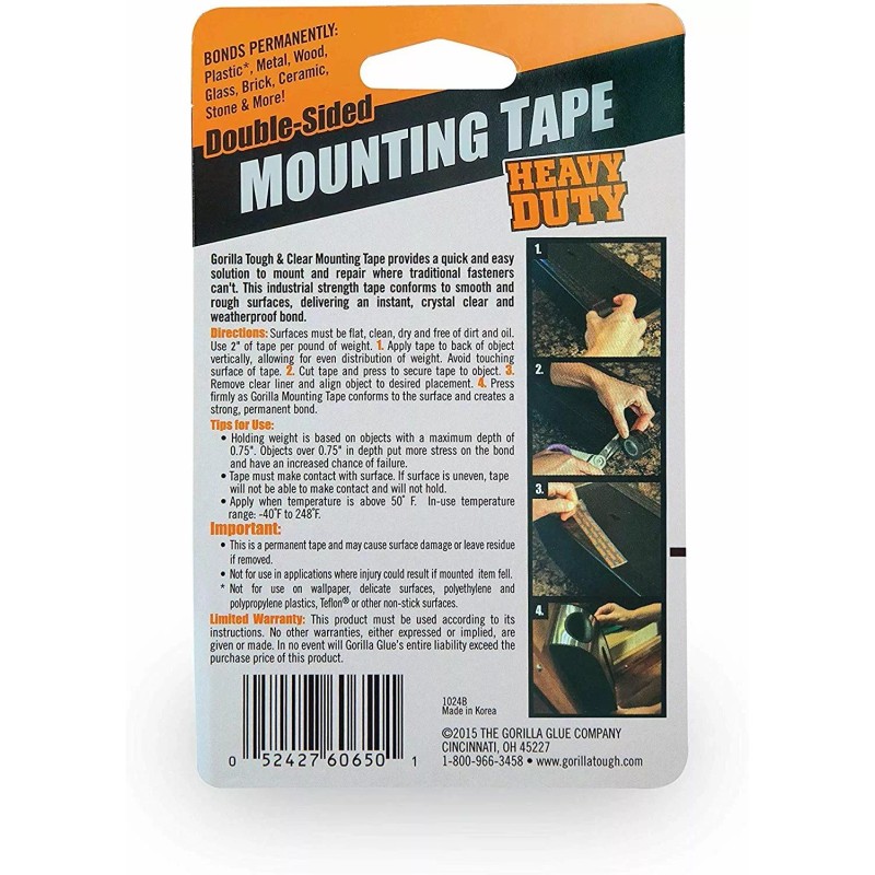 Gorilla Heavy Duty Double Sided Mounting Tape, 1" x 60",