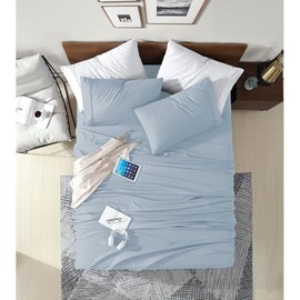 Super Soft Plush 4 Piece 1800 Series Deep Pocket Sheets Set Full/Double Size Fully Elasticized Fitted Sheet | All Seasons Hotel Bedding Light Blue Color Cozy Comfy Aesthetic Farmhouse Look