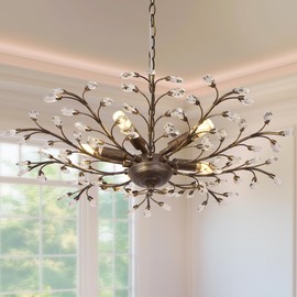 WillWant Vintage Crystal Chandelier with Aged Bronze Branch Design, 5-Light Ceiling Hanging Light Fixture for Dining Room Living Room Bedroom Hallway, Height Adjustable