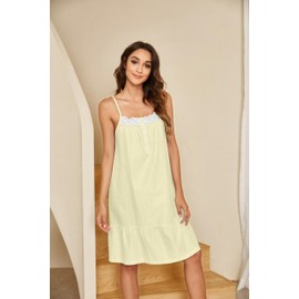 Ekouaer Women's 100% Cotton Lace Nightgown Sleeveless Sleep Dress Victorian Sleepshirt Button Strap Gown Candy Yellow X-Large