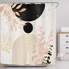 Riyidecor Black and Pink Mid Century Boho Shower Curtain for Bathroom Decor 72Wx72H Bohemian Modern Arch Leaves Plants Gold Eucalyptus Art Printed Fabric Polyester Waterproof 12 Pack Plastic Hooks