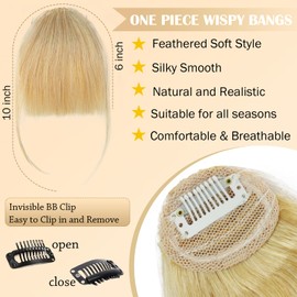 DAN NING Clip in Bangs, Real Human Bangs Hair Hairpieces Golden Blonde Curved Wispy Bangs Fake Bangs Clip on Air Bangs for Women Daily Wear