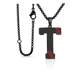Baseball Initial Necklace for Men A-Z Letter Necklaces Chain Stainless Steel Pendant 22 Inch Personalized Gifts for Women Coach Player Baseball Lovers (T, Black)