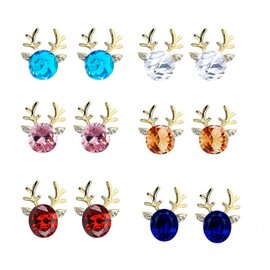 6Paris Cute Shiny Crystal Christmas Elk Reindeer Stud Earing Set for Women Colorful Gemstone Antler Deer Animal Earring Xmas Valentines Day Christmas Jewelry Gift-B gold color