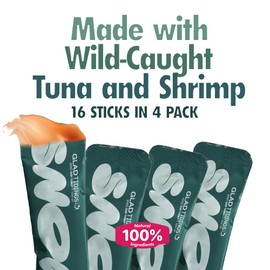 Glad Tidings Snowy's Lickable Wet Seafood Cat Treats Made with Wild-Caught Tuna and Shrimp, Creamy Squeezable Purée, Topper with Vitamin E & Taurine, 16 Count, 1.7 Ounces ⏤ Tuna