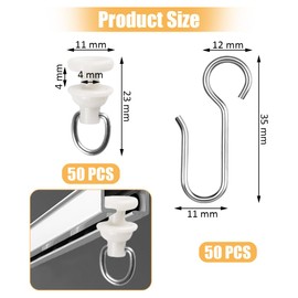 100 Stück Gardinenröllchen für Schiene,mit 50 Stück Gardinenhaken Gleiter und 50 Vorhanghaken Edelstahl,Gardinengleiter für Schienen zum Aufhängen von Vorhängen, Trennvorhängen, Duschvorhängen