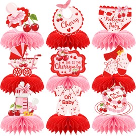 FodeMoraka Cherry Baby Shower Decorations - 9 Pcs Pink and Red Sweet Cherries Bow On Top Honeycomb Table Topper Centerpiece Decor Summer Fruit Themed Gender Reveal Party Supplies for Girls