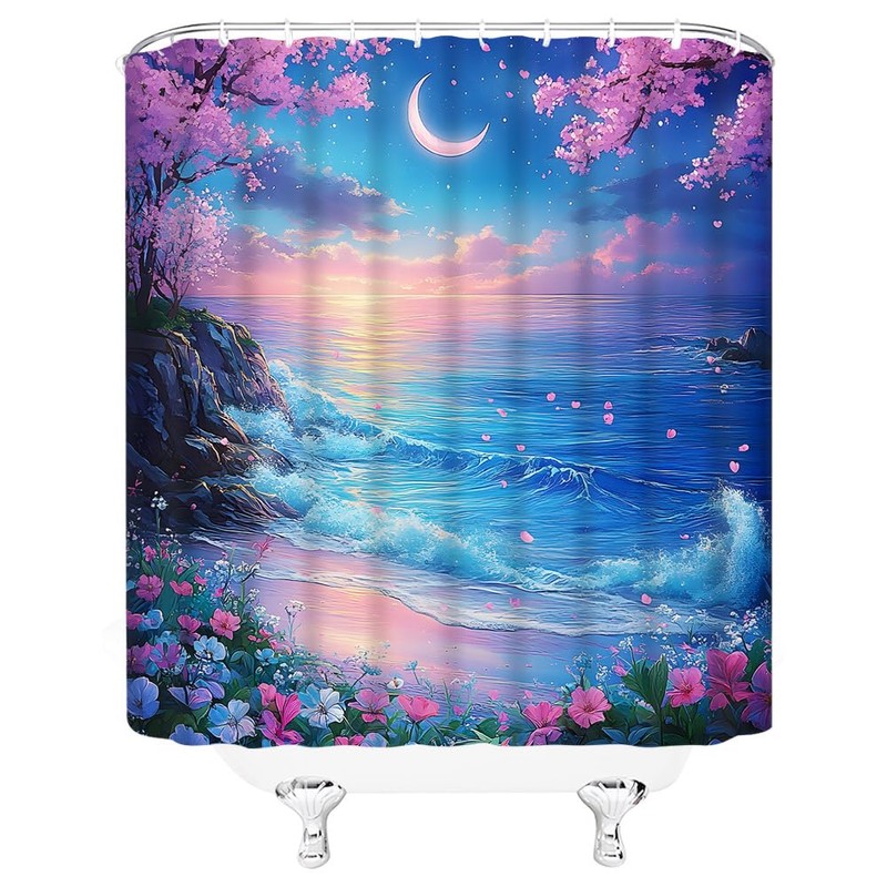 Moon Ocean Beach Shower Curtain, Fantasy Starry Night Sky, 70Wx70H