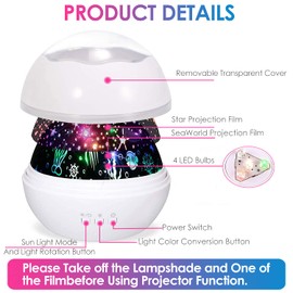 SlowTon Starry Night Light Projector, LED Lamp Star Moon Projector Rotating Night Light Sleep Soother for Baby Kids Bedroom Decoration Ideal Gift with Ocean Undersea Projection Film 8 Colors Mode (White)