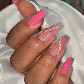 IMRAIN French Tip Press on Nails Long Coffin Fake Nails Hot Pink Artificial False Nails with Glitter Line Designs Glossy Glue on Nails Full Cover Stick on Nails Ballerina Acrylic Nails Kit 24Pcs