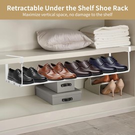 Homaisson Expandable Shoe Rack Organizer for Closet - 16.5”-31.5” Adjustable Under Cabinet Shelf Space Saving Hanging Metal Shoe Shelves for Entryway, Front Door, Bathroom (White)