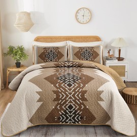 Dintszyayue Bohemian Quilt Set King Size,3 Pieces Aztec Texture Bedding Coverlet Set Brown Boho Bedspread Coverlet Set Geometric Pattern Lightweight Quilt Bedding Set for All Season (Brown,90"x103")