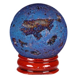 Cheungshing Angel Aura Quartz Druzy Geode Sphere with Wooden Base,Titanium Coated Crystal Quartz Agate Ball Healing Sculpture Statue for Easter Day, Deep Blue