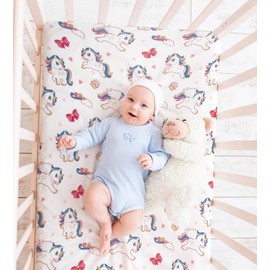 4 Pack Soft Baby Girl N Play Sheets for Mini Crib Mattress Unicron Rainbow Heart Cute Neutral Polyester Unisex Fitted Mini Crib Sheets Set for Baby Girls