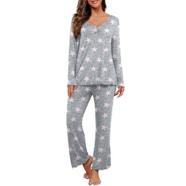PrinStory 2024 Women's Pajama Set Long Sleeve Sleepwear Ladies Lounge Set Soft Pjs Loungewear FP-Pink Star-Large