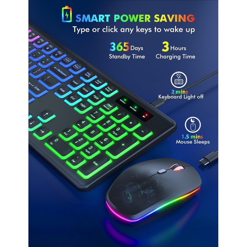 Wireless Keyboard and Mouse Combo, RGB Backlit, Rechargeable & Light