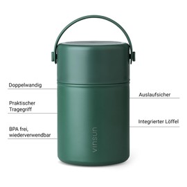 VINSUN Thermobehälter für Essen 800ml mit Löffel - Edelstahl, auslaufsicher, breite Öffnung - doppelwandig isolierter Essensbehälter für Arbeit, Schule, Wandern, Camping