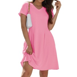 Alaster Queen Womens 2025 Casual Summer Dresses Flowing V Neck Pink Mini Dress Short Sleeve T Shirts Dress for Women with Pocket