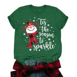 Christmas Snowman Graphic Shirt Women Buffalo Plaid Xmas T-Shirts Tis The Season to Sparkle Holiday Tee Tops (Green1, M)