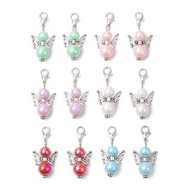 Ipotkitt 12pcs 6 Colours Acrylic & ABS Plastic Imitation Pearl Angel Wing Charms Fairy Theme Lobster Claw Clasps Charms Cute Clip on Charms for Bag Ornaments