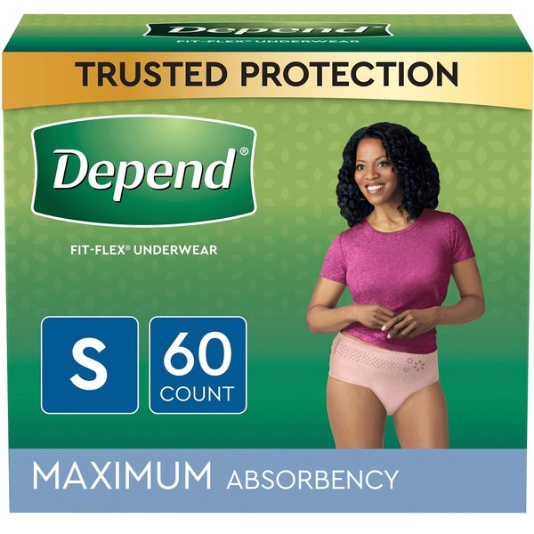 Depend FIT-FLEX Incontinence Underwear for Women, Disposable, Maximum Absorbency, S, Blush, 60 Count